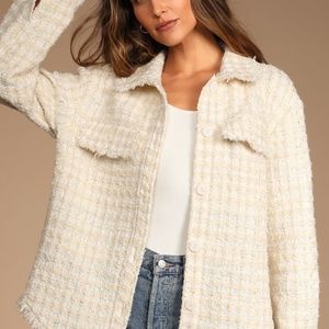 LULUS White Tweed Fringed Shacket ~ XS